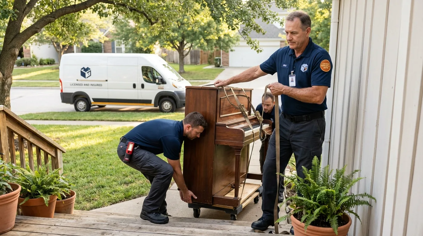 Licensed piano movers securing grand piano in Dubois, ID