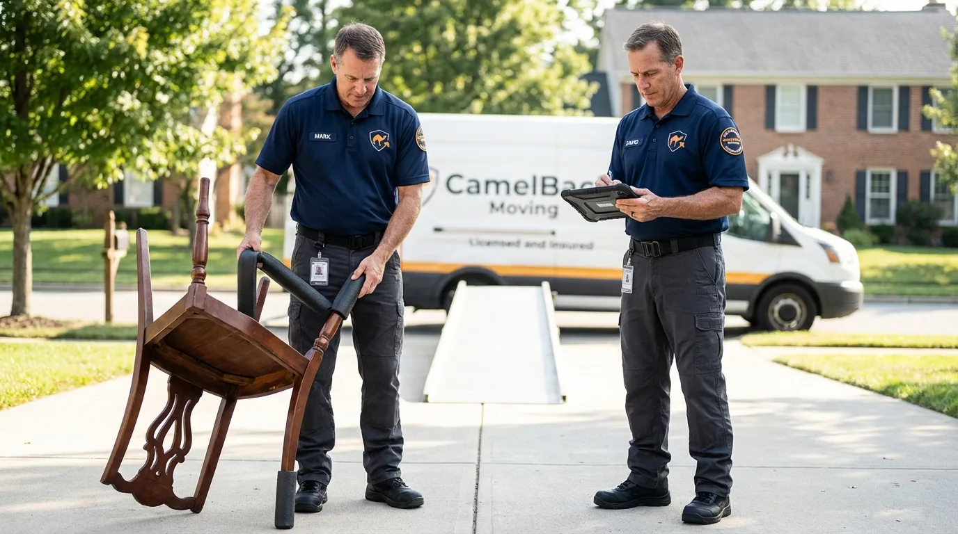Movers inspecting furniture for damage prevention before loading in Dubois, ID