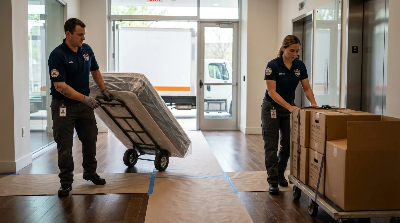Professional apartment movers loading elevator in Dubois, ID