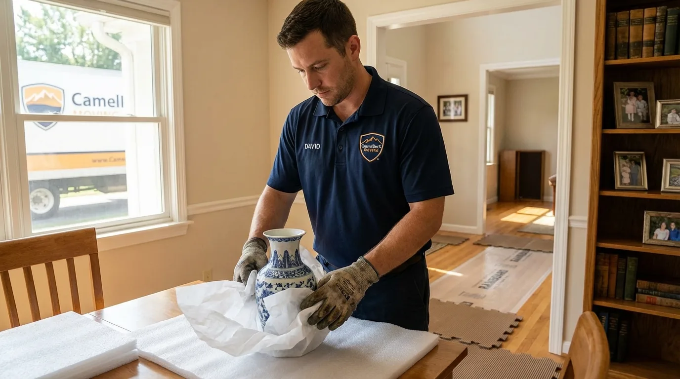 Professional crew carefully wrapping antique vase for senior downsizing move in Dubois, ID